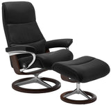 Ekornes View Small Recliner with Ottoman in Black Paloma Leather and a Wenge Wood Signature Base