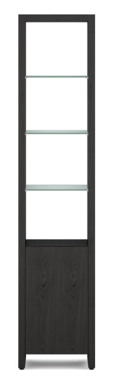 The BDI Linea 5801 is a narrow bookshelf combining open and enclosed storage, perfect on its own or as the foundation for a complete Linea wall system. Polished tempered glass shelves provide a clean and modern look while durable enough to support a library of books and a lifetime of treasures. A soft-close door conceals an additional adjustable glass storage shelf, while a generous cut-out in the lower panel of the cabinet allows for organized cable connections and out-of-sight cord management.
