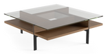Combining tempered glass tops, open display storage, thick panels on steel supports and a unique pinwheel design, the Terrace 1150 Square Coffee Table is a beautifully functional table design.