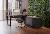 This handsome L-shaped desk provides plenty of workspace and storage, whether placed in a corner or commanding the center of your home office. Highly versatile, the desk can be assembled on either the left or right side while providing equal access to locking drawers and file storage, supplies, a printer, and a CPU unit hidden away behind ventilated louvered doors.