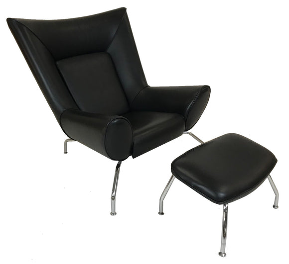 Verikon Fender Occasional Chair and Ottoman in Black Leather and Metal Legs