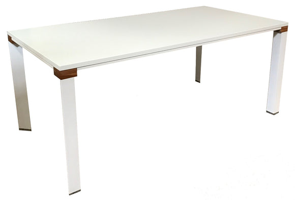 Jesper 571 Dining Table with a White Wood Top; White Metal Legs and Frame; Cherry Wood and Silver Metal Accents
