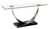 Elite Modern Tangent 265 End Table with a Glass Top, Champagne-Plated Arms, and a Smoke Grey Walnut Veneer Base