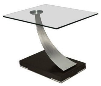 Elite Modern Tangent 265 End Table with a Glass Top, Champagne-Plated Arms, and a Smoke Grey Walnut Veneer Base