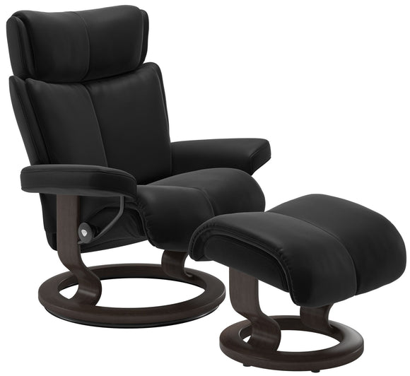 Ekornes Stressless Magic Small Classic Recliner with Ottoman Small; Wenge Wood Classic Base; Black Paloma Leather