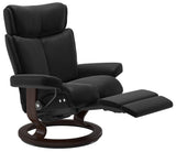 Ekornes Stressless Magic Leg Comfort Recliner in Black Paloma Leather and Leg Comfort Brown Wood