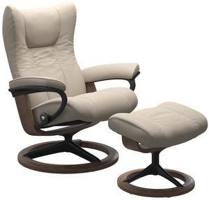 Ekornes Wing Medium Recliner with Ottoman with a Signature Base in Walnut Wood and Chestnut Paloma Leather