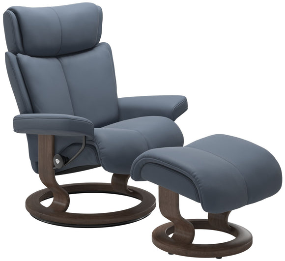 Ekornes Stressless Magic Large Recliner with Ottoman in Sparrow Blue Paloma Leather and Walnut Wood Classic Base