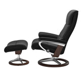 Ekornes View Small Recliner with Ottoman in Black Paloma Leather and a Wenge Wood Signature Base