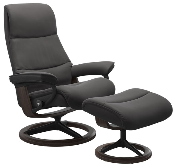 Ekornes View Large Recliner with Ottoman in Rock Paloma Leather, Wenge Wood, and a Matte Black Signature Base