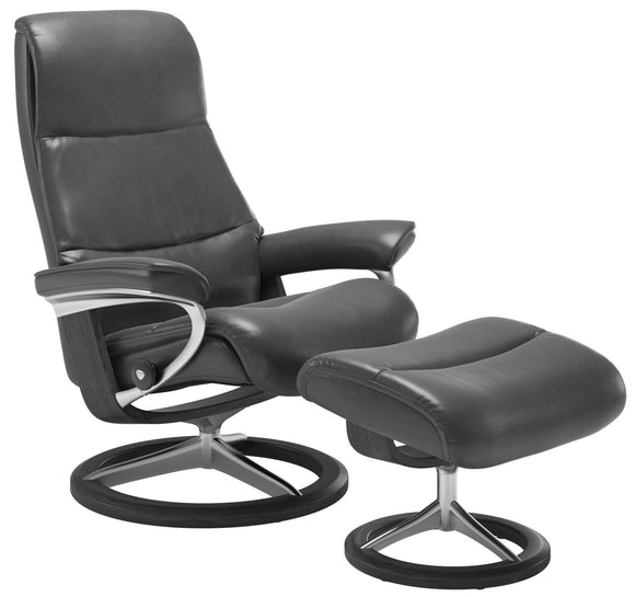 Ekornes View Medium Recliner with Ottoman in a Grey Pioneer Leather with a Grey Wood Signature Base
