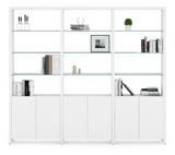 The Linea 580222 is a large preconfigured shelf system that provides ample open display space, along with enclosed storage. Ideal for a living room or home office. Linea Shelving 580222 combines three double-width shelf units to create a system that is 96”/243.5 cm wide.