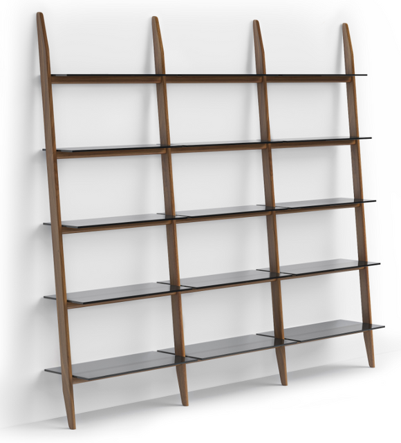 Stiletto Shelving 570222 combines three double-width shelf units to create a 94”/239.5 cm wide system.