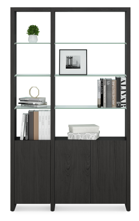 The Linea 580012 pre-configured shelf system provides ample open and enclosed storage within a slim footprint. Ideal for the living room, home office, or as an attractive room divider. The Linea 580012 combines double and single shelf units to create a system that is 49.75”/126 cm wide.
