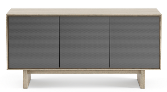 The triple-width Octave 8377 hits a high note in media cabinet design. Unique perforated steel doors let remote signals through while also allowing sound to disperse clearly for acoustic transparency. This modern TV stand also includes adjustable shelving, hidden wheels, cable management, rear access panels, and flow-through ventilation to keep your electronics cool.