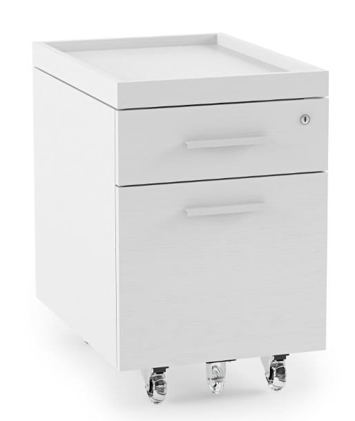 The Centro 6407 Mobile File Pedestal slides neatly underneath an office desk, with locking storage and file drawers to keep contents secure, and a top tray that pulls out for easy access to regularly used items. With an integrated lock that secures both drawers, this beautifully functional storage cabinet is part of the Centro Office Collection.