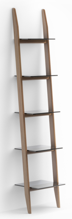 A narrow single ladder shelf that makes excellent use of vertical space with sleek grey glass shelves for open storage and display, perfect for tight or limited spaces where extra storage is needed.