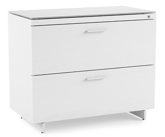 With spacious file drawers that can accommodate a high volume of letter and legal sized hanging folders, the Centro 6416 is a satin white file storage cabinet that is high in both modern style and function. Innovative features include an anti-tip mechanism, a rear counterweight, an integrated lock that secures both drawers with a single key, and highly durable grey satin-etched tempered glass top that can double as an additional work surface.