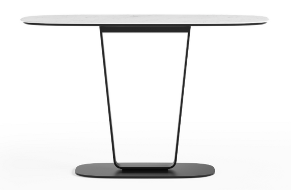 The lofty Cloud 9 modern console table is at home in an entryway, but its slim profile also fits neatly in a hallway or behind a sofa. It boasts a beautiful, durable, and scratch-resistant Italian porcelain surface that is luxurious to touch and sits atop solid steel supports and a weighted base. 