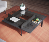 Combining tempered glass tops, open display storage, thick panels on steel supports and a unique pinwheel design, the Terrace 1150 Square Coffee Table is a beautifully functional table design.