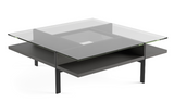 Combining tempered glass tops, open display storage, thick panels on steel supports and a unique pinwheel design, the Terrace 1150 Square Coffee Table is a beautifully functional table design.