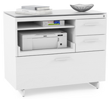 Extend your work surface with the Centro Return 6402. The Return attaches to Centro Desk 6401, 3-Drawer File Cabinet 6414, Lateral File Cabinet 6416, and Multifunction Cabinet 6417 with sturdy steel connections, and is topped with a highly durable and uniquely soft grey satin-etched tempered glass surface.