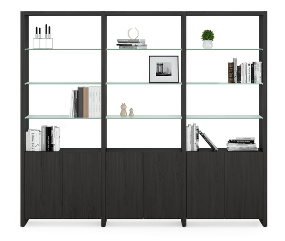 The Linea 580222 is a large preconfigured shelf system that provides ample open display space, along with enclosed storage. Ideal for a living room or home office. Linea Shelving 580222 combines three double-width shelf units to create a system that is 96”/243.5 cm wide.