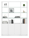 The Linea 580121 preconfigured shelf system provides ample open display space, along with enclosed storage. Ideal for the living room, home office, or as an attractive room divider. Linea Shelving 580121 combines two single-width shelf units with a double-width shelf unit to create a system that is 66.25”/216.8 cm wide.