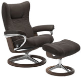 Ekornes Wing Medium Recliner with Ottoman with a Signature Base in Walnut Wood and Chestnut Paloma Leather