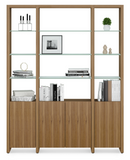 The Linea 580121 preconfigured shelf system provides ample open display space, along with enclosed storage. Ideal for the living room, home office, or as an attractive room divider. Linea Shelving 580121 combines two single-width shelf units with a double-width shelf unit to create a system that is 66.25”/216.8 cm wide.