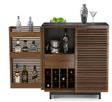 The perfect cocktail of style and function, the Corridor 5620 home bar features double louvered doors which conceal ample shelving and accessible storage for liquor bottles, glassware and other bar cabinet essentials, including a built-in wooden stemware rack. Corridor Bar is topped with highly durable and unbelievably soft black satin-etched tempered glass, providing maximum protection from dings, scratches, and spills.