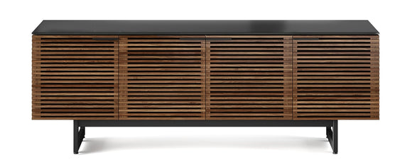Perfectly sized for home theater systems with a large television, this modern TV stand packs a ton of innovative features, including a full-width soundbar shelf, remote-friendly and acoustically-transparent louvered doors, built-in cable management, flow-through ventilation, adjustable shelves, hidden wheels, rear access panels and an unbelievably soft and durable satin-etched glass top - part of the award-winning Corridor Media Collection.