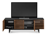 Perfectly sized for home theater systems with a large television, this modern TV stand packs a ton of innovative features, including a full-width soundbar shelf, remote-friendly and acoustically-transparent louvered doors, built-in cable management, flow-through ventilation, adjustable shelves, hidden wheels, rear access panels and an unbelievably soft and durable satin-etched glass top - part of the award-winning Corridor Media Collection.