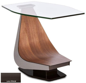 Elite Modern Victor 2022 End Table with a Glass Top, Walnut Arm, and Lava Metal Base