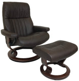 Ekornes Stressless Crown Recliner with Ottoman in Brown Wood Base and Chocolate Paloma Leather