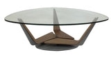 Elite Modern Triplex 2031 Coffee Table with a Glass Top, Walnut Arms, and a Mist Metal Base