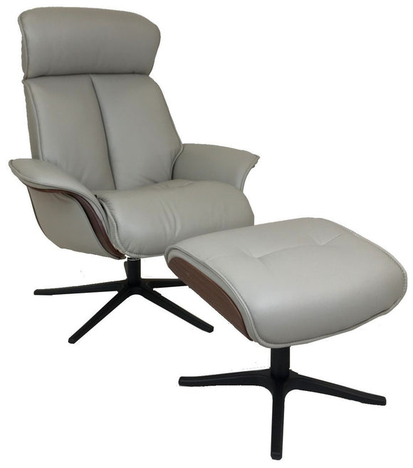 IMG Space 5400 Recliner with Ottoman in Cinder Grey Trend Leather, Walnut Wood and a Black Aluminum Star Base 