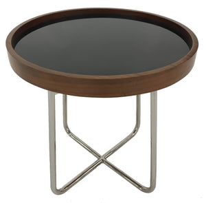 Kuka A226B End Table with Walnut Wood, Black Glass and Metal Legs
