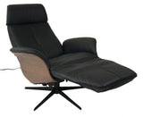 Hjort Knudsen 7600 Balance Recliner with a Black Leather Seat, Lacquered Walnut Side Panels, and a Black Base