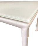 Star Neve Dining Table with a White Glass Top; White Wood Center Extension; White Metal Base; Silver Metal Accents