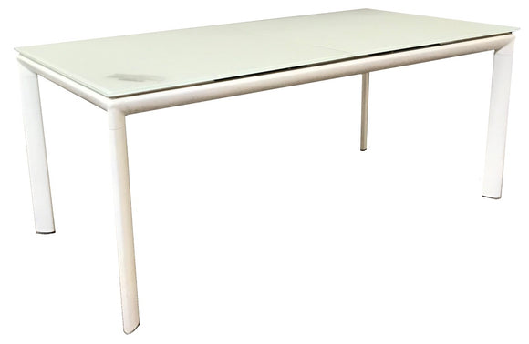 Star Neve Dining Table with a White Glass Top; White Wood Center Extension; White Metal Base; Silver Metal Accents