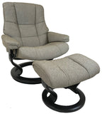 Ekornes Stressless Mayfair Large Recliner with Ottoman in Dark Beige Fabric with a Wenge Wood Classic Base