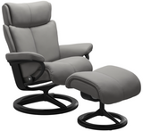 Ekornes Stressless Magic Medium Recliner with Ottoman in Black Signature Base and Silver Grey Paloma Leather