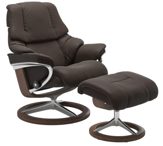 Ekornes Stressless Reno Medium Recliner with Ottoman in Chestnut Paloma Leather and Walnut Wood Signature Base