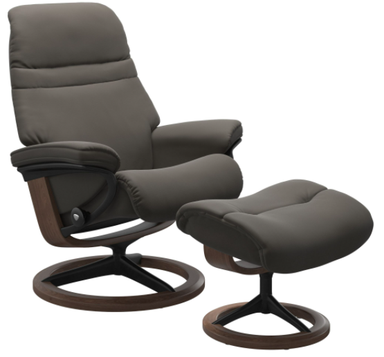 Ekornes Sunrise Medium Recliner with Ottoman in a Metal Grey Paloma Leather and a Walnut Wood Signature Base