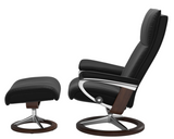 Ekornes Stressless Aura Small Recliner with Ottoman with Brown/Aluminum Signature Base and Black Paloma Leather