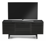 With its striking design, the Corridor 8177 media console combines high functionality with premium style, featuring hardwood louvered doors that keep electronics neatly concealed but always accessible. This modern TV stand also includes an innovative center drawer with a full-width soundbar shelf and ample storage for movies, video games, and other media, all topped with durable satin-etched tempered glass - part of the award-winning Corridor Media Collection.