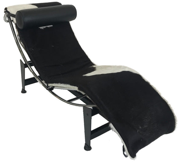 Ital Studio Chaise Lounger T1 in a White/Black Pony Hair Hide Seat, Black Leather Headrest, and Metal Base