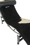 Ital Studio Chaise Lounger T1 in a White/Black Pony Hair Hide Seat, Black Leather Headrest, and Metal Base