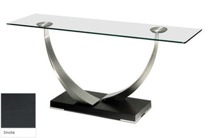 Elite Modern Tangent 265 End Table with a Glass Top, Champagne-Plated Arms, and a Smoke Grey Walnut Veneer Base